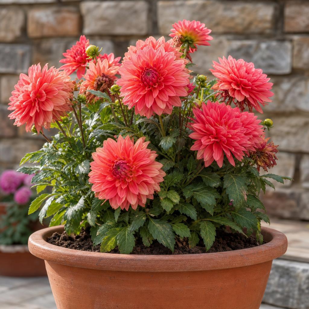 Dahlia nain rose en fleurs dans une jardinière