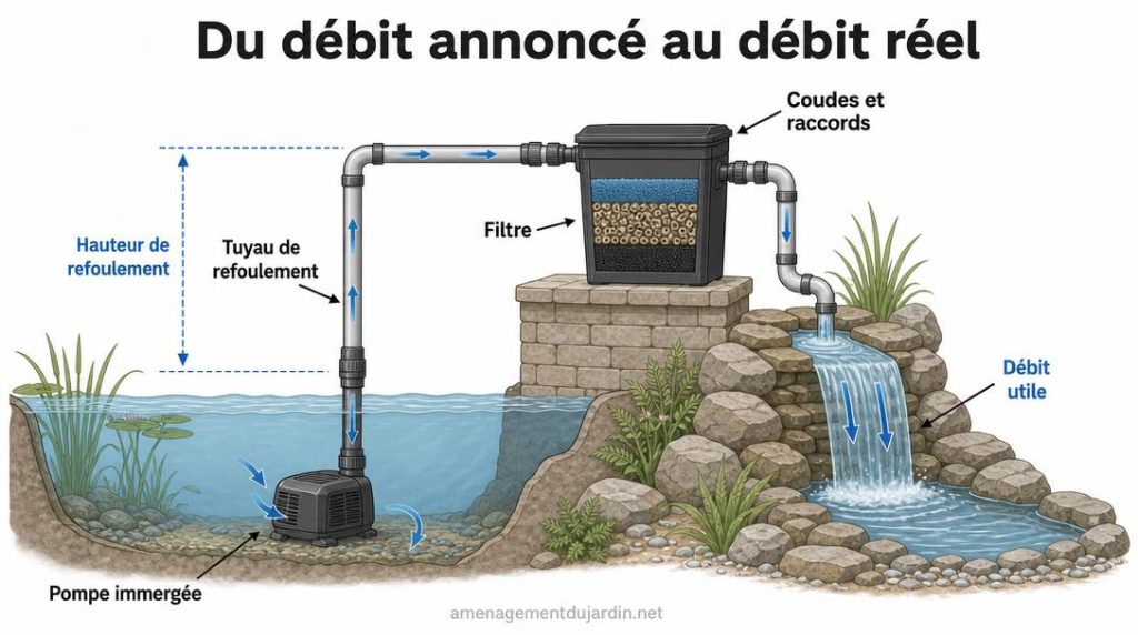 Schéma du débit réel entre pompe filtre et cascade