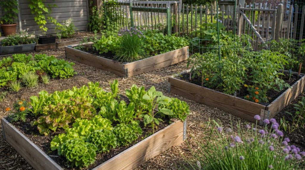 Petit potager débutant avec laitues radis tomates et aromatiques
