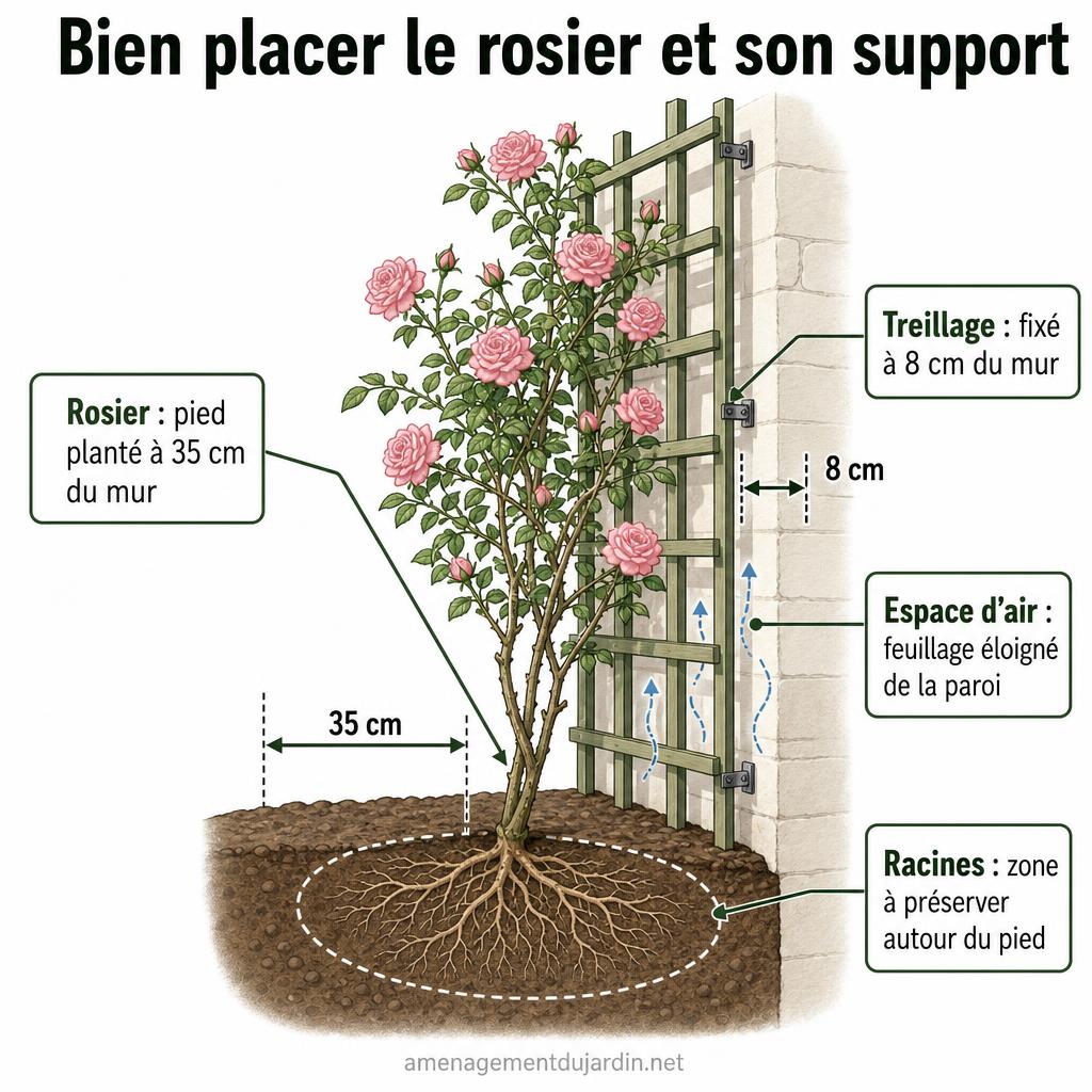 Schéma de distance entre rosier grimpant et mur