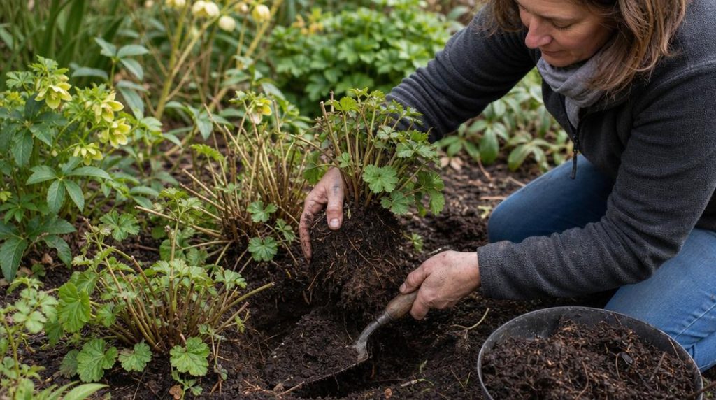 Jardinier divisant une touffe d’anémone au printemps