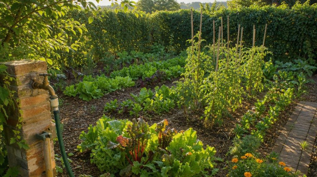 Potager ensoleillé près d’un point d’eau et d’une haie