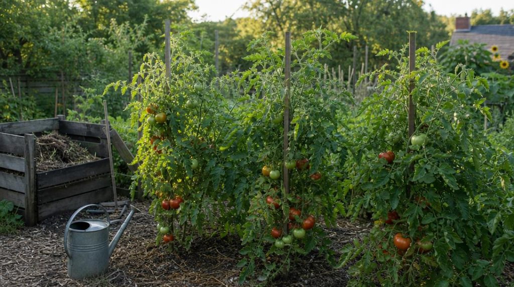 Rangée de tomates mûres au potager paillé