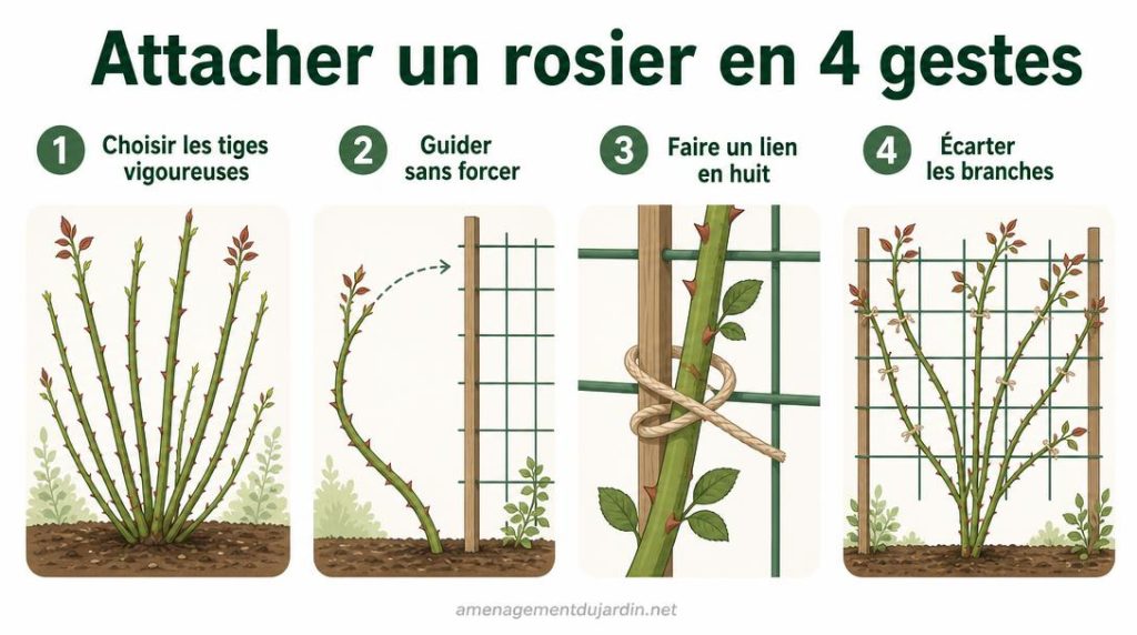 Étapes pour attacher les tiges d'un rosier grimpant