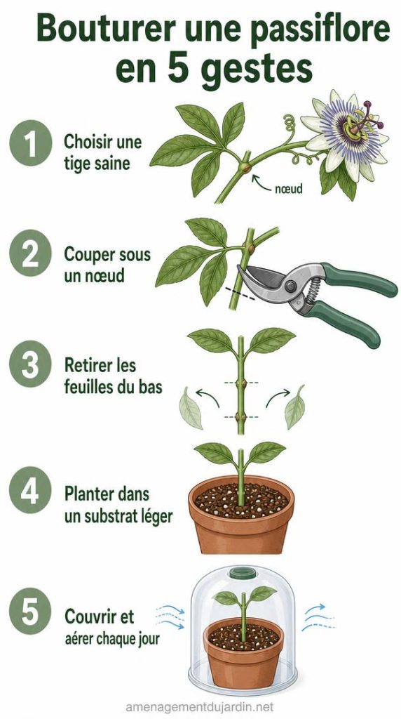 Étapes illustrées pour bouturer une passiflore