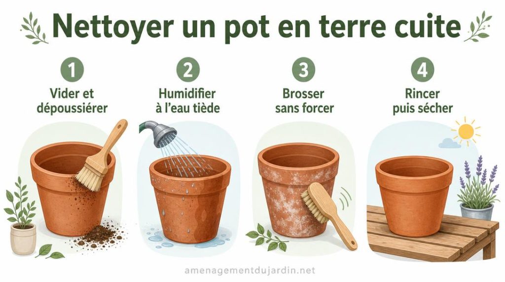 Quatre étapes illustrées pour laver un pot en terre cuite