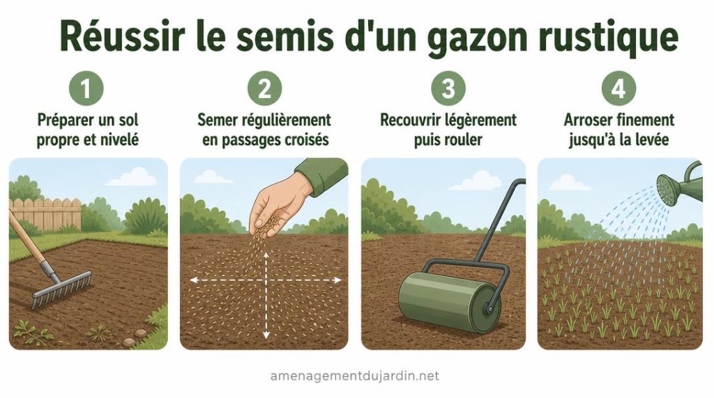 Quatre étapes illustrées pour semer une pelouse rustique