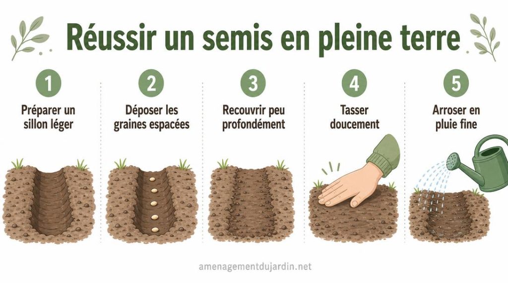 Cinq étapes illustrées pour semer en pleine terre