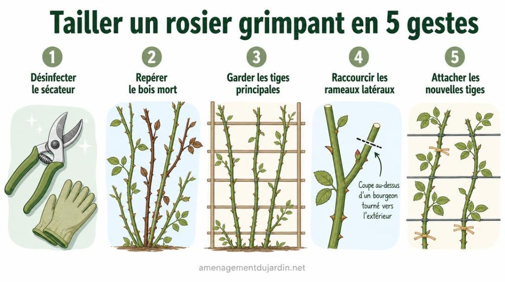 Cinq étapes illustrées pour tailler un rosier grimpant