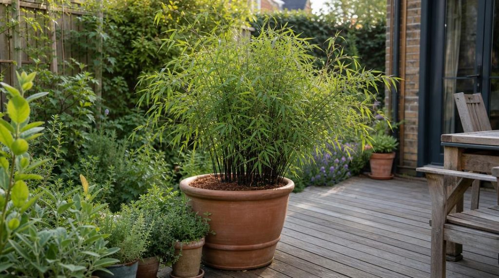 Fargesia rufa en grand pot près d'une terrasse