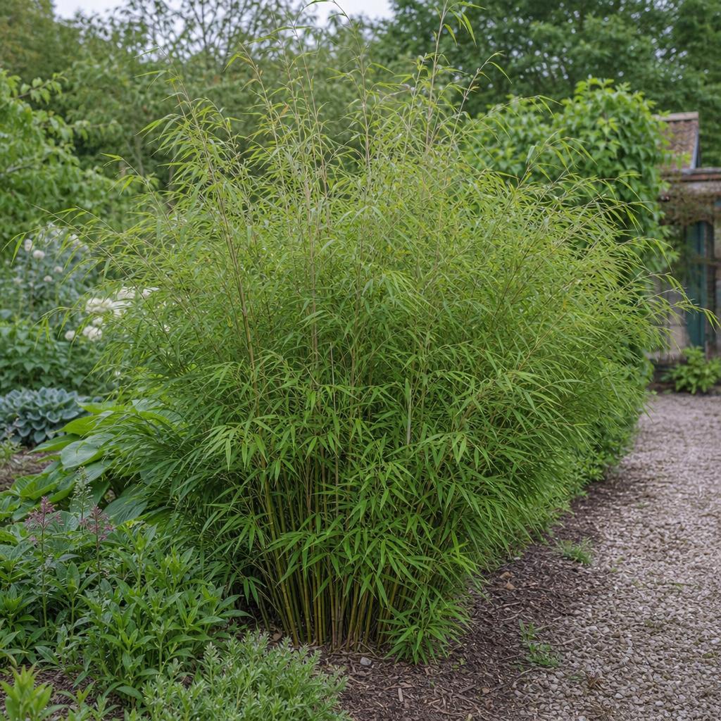 Fargesia rufa compact au bord d’une allée de jardin