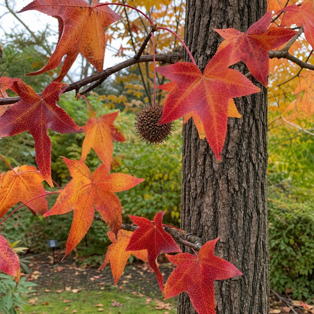 Feuilles rouges et fruit épineux de copalme
