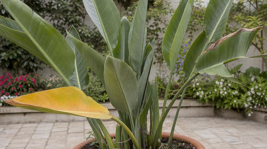 Feuilles jaunes brunes et fendues de Strelitzia