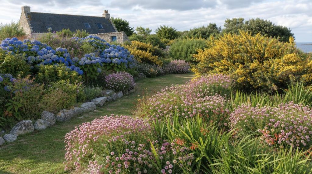 Jardin breton avec hortensias bleus, ajoncs et arméries roses
