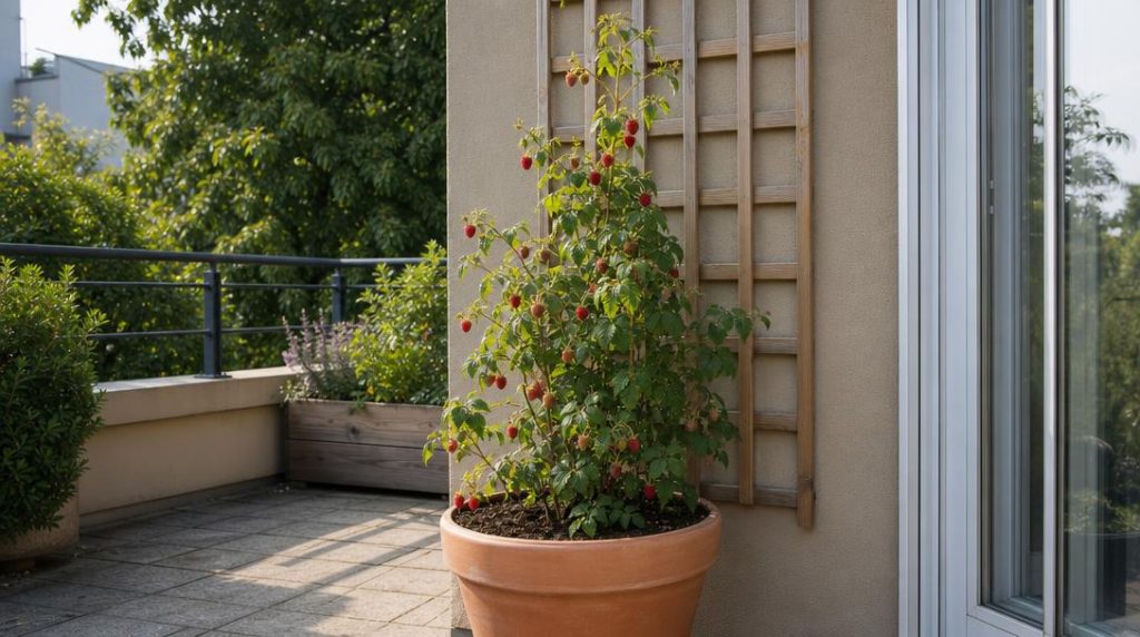 Framboisier compact chargé de framboises dans un grand pot