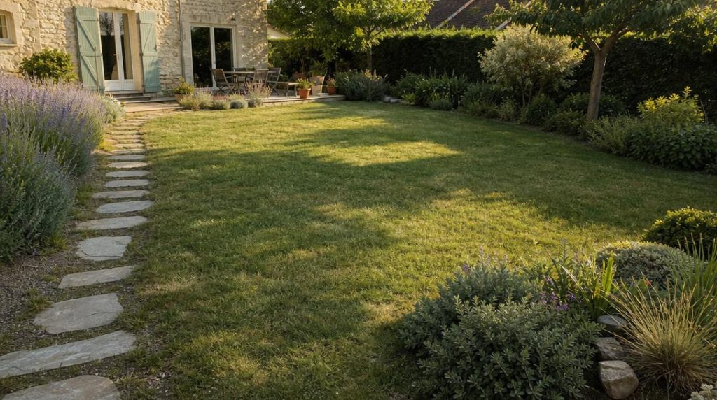 Pelouse rustique verte dans un jardin sec d'été