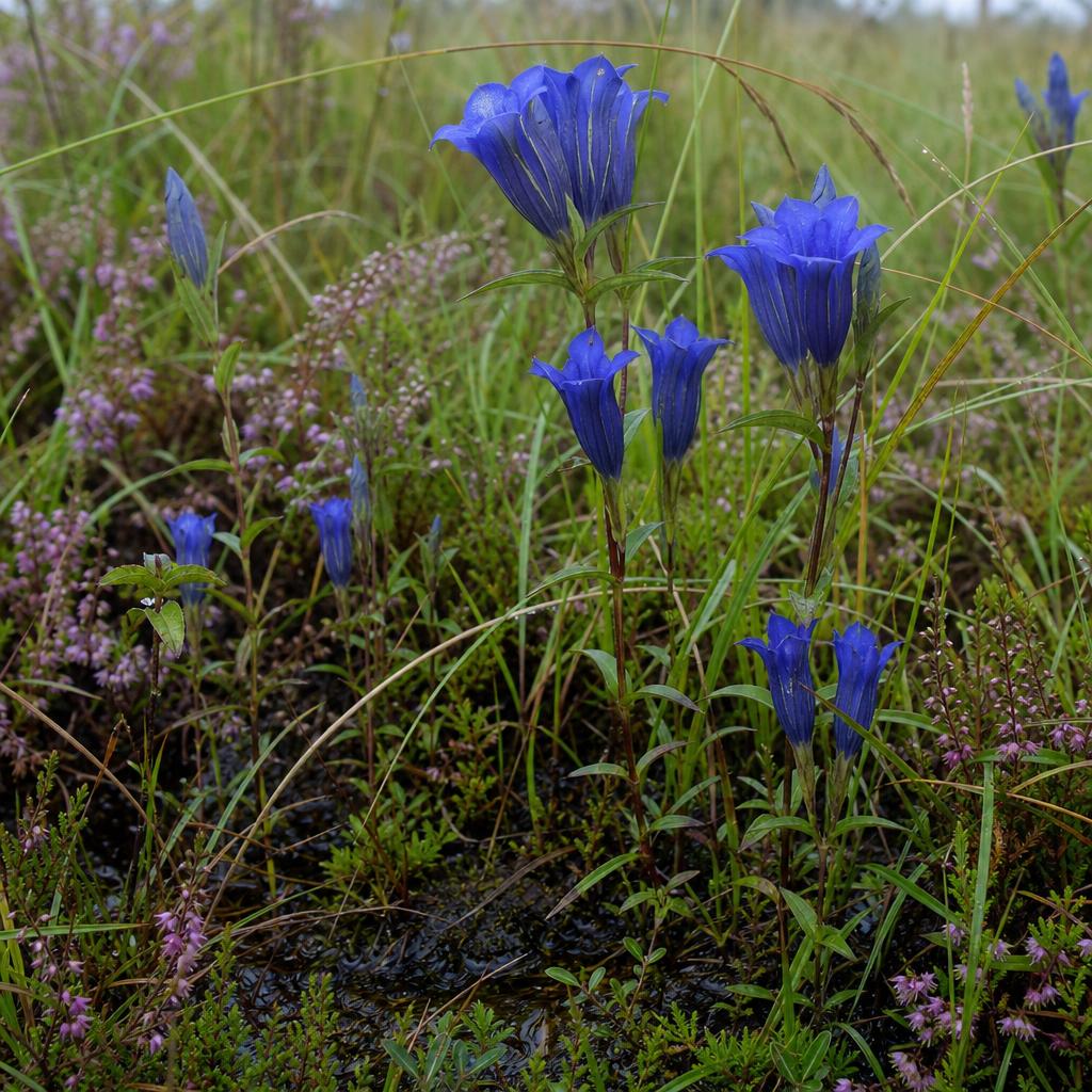 Fleurs bleues de gentiane parmi les herbes humides