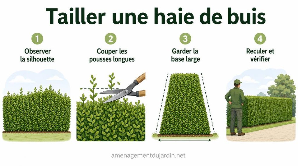 Étapes illustrées pour tailler une haie de buis
