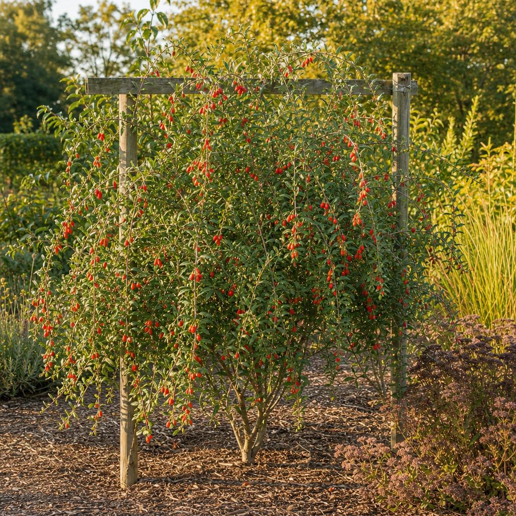 Goji aux baies rouges sur un support en bois
