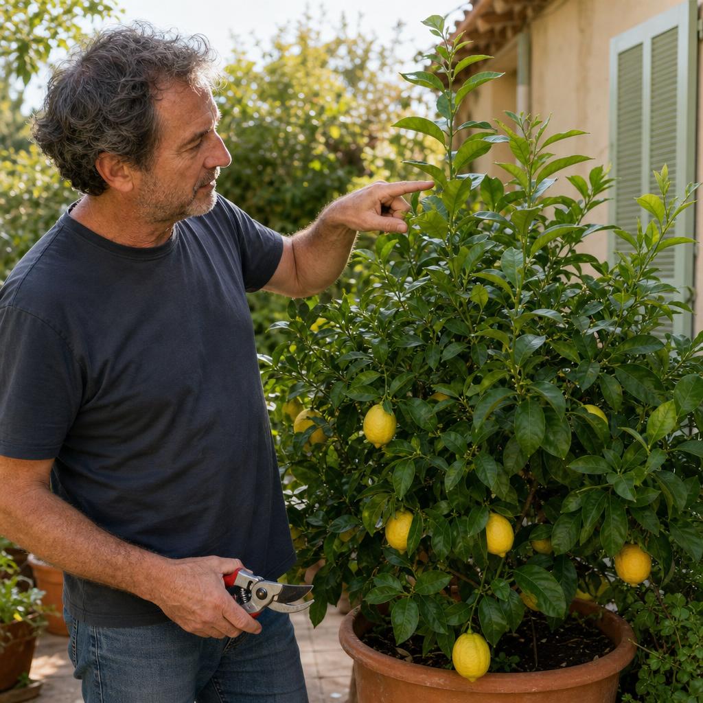 Gourmand vertical visible dans la ramure d'un citronnier