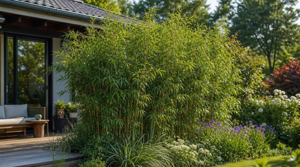 Haie de bambou dense près d’une terrasse en bois