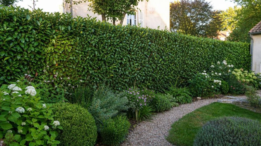 Haie dense de laurier du Portugal dans un jardin