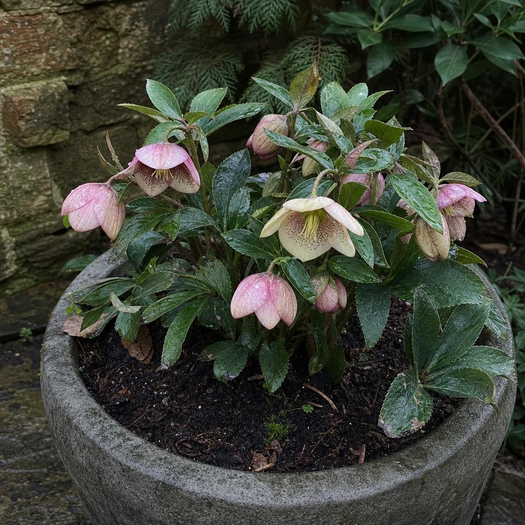 Hellébore rose pâle fleurie dans un grand pot