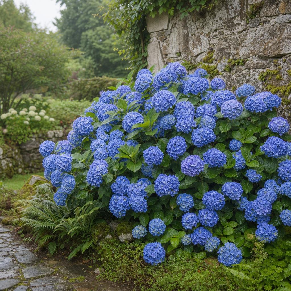 Hortensia bleu fleuri contre un mur de granit