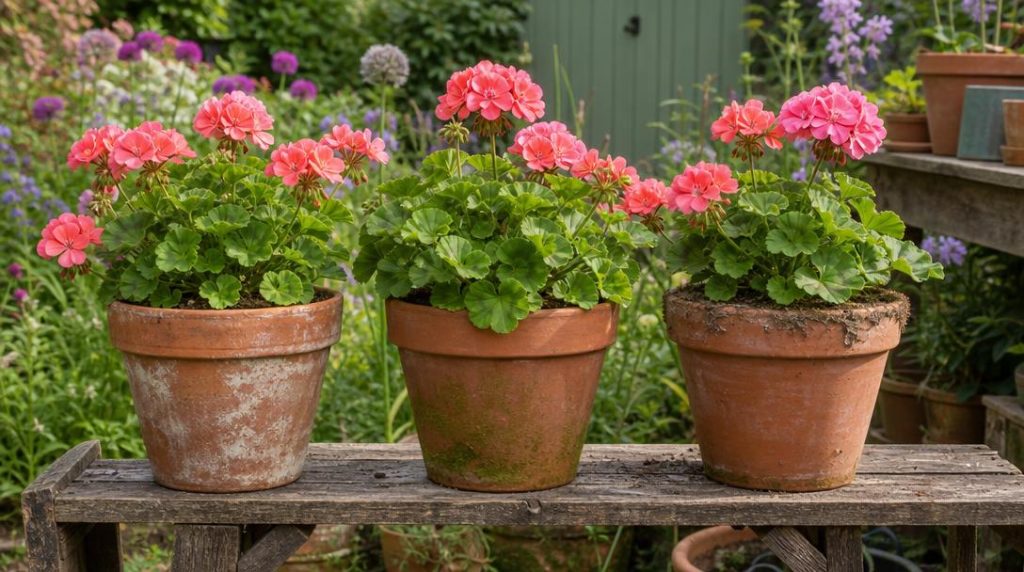 Trois pots montrant calcaire mousse et terre incrustée