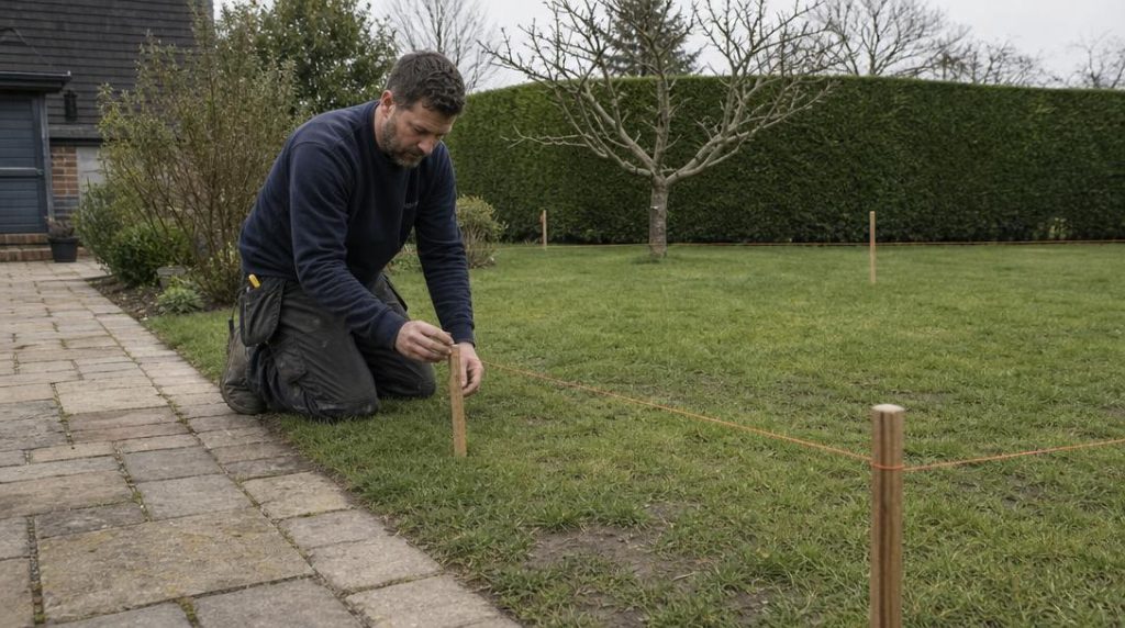 Emplacement d’un bassin marqué sur une pelouse de jardin