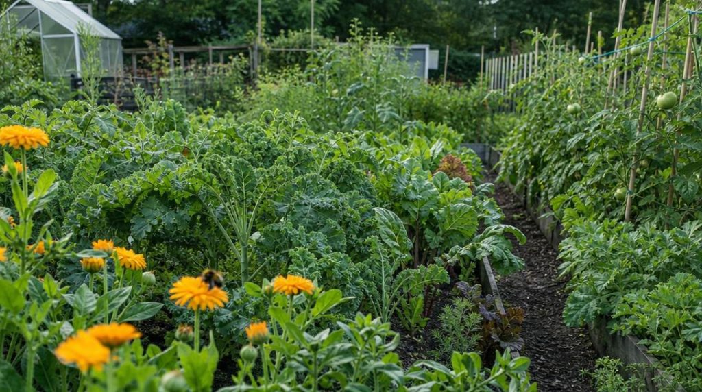 Potager vivant avec bourdon, légumes et fleurs de souci