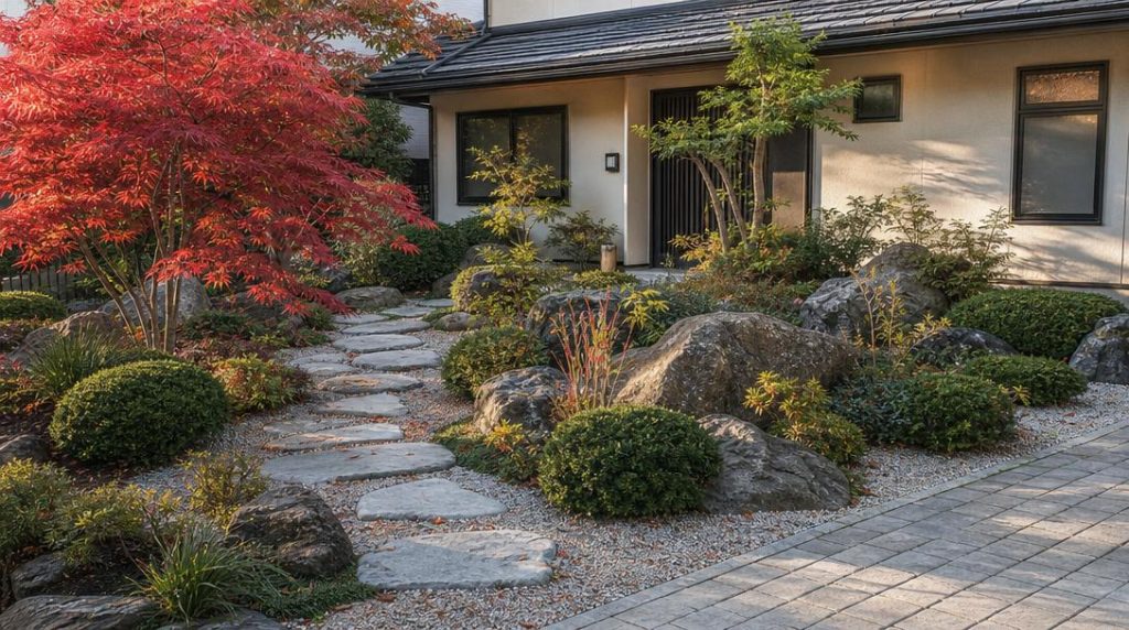 Jardin japonais devant maison avec érable rouge et pas japonais