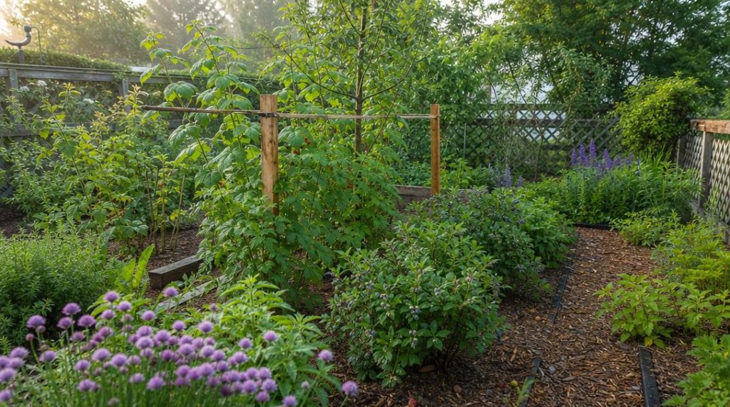 Jardin de petits fruits avec framboisiers et myrtilliers