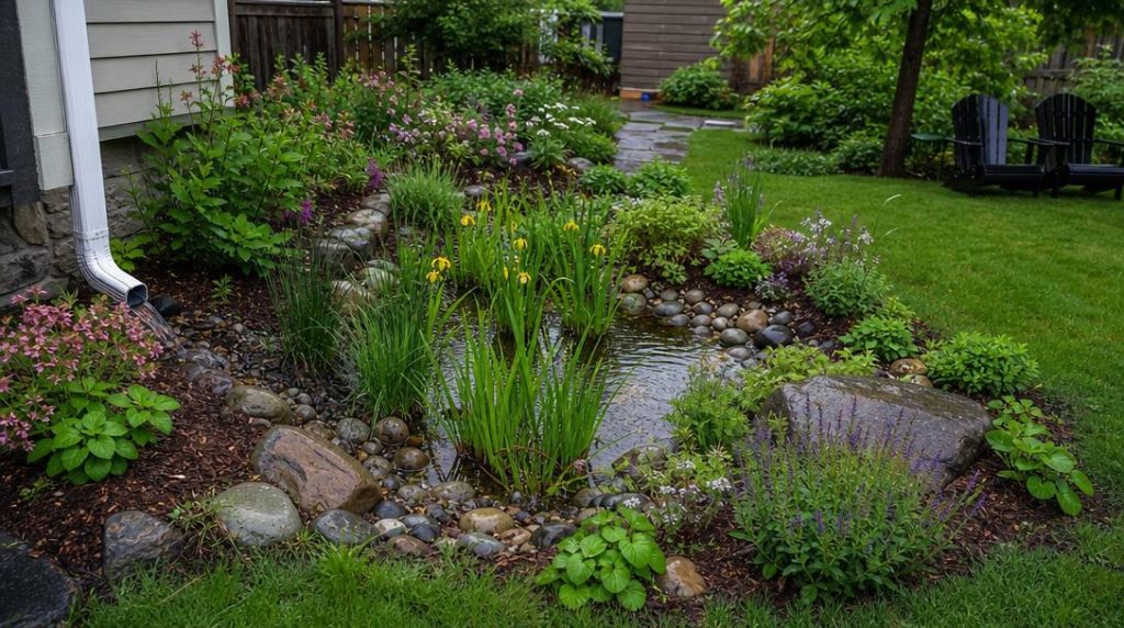 Jardin de pluie gérant les eaux de pluie au jardin