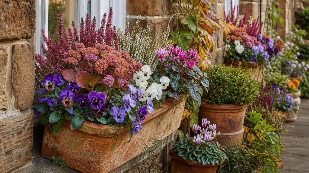 Jardinière automnale fleurie de pensées, bruyères et cyclamens
