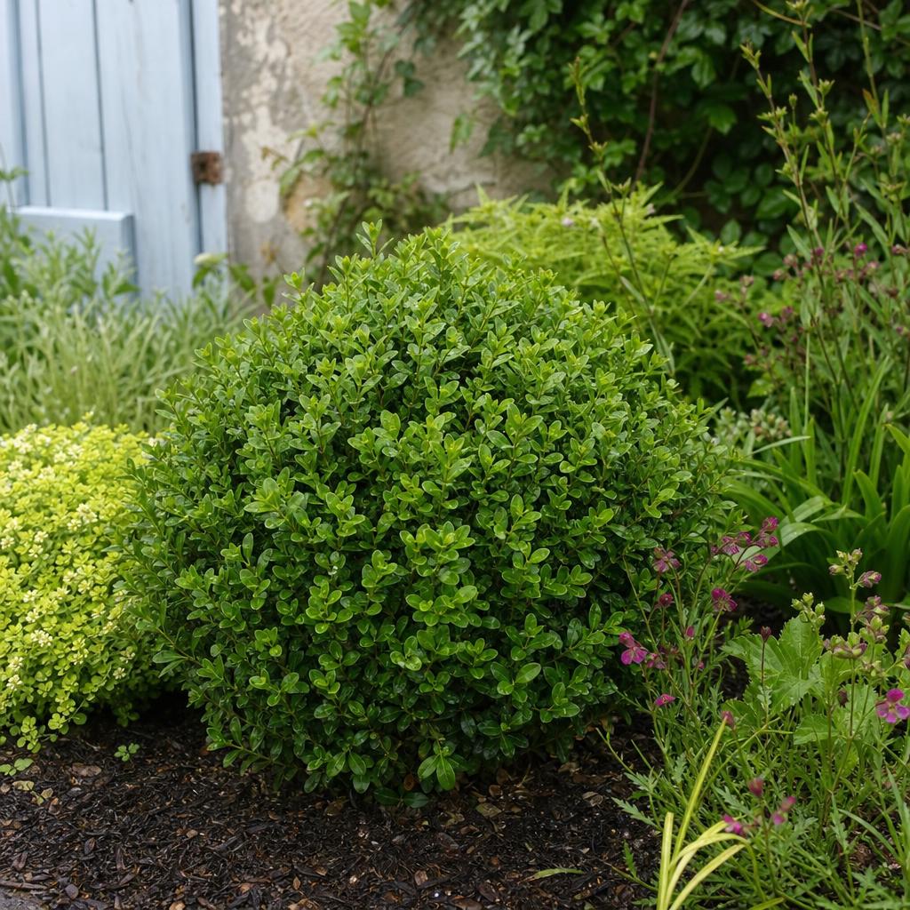 Jeune buis dense dans un massif de jardin