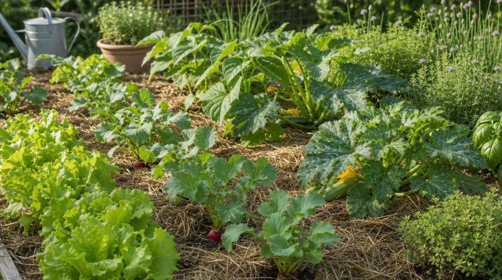 Laitues radis haricots courgette et aromatiques au potager