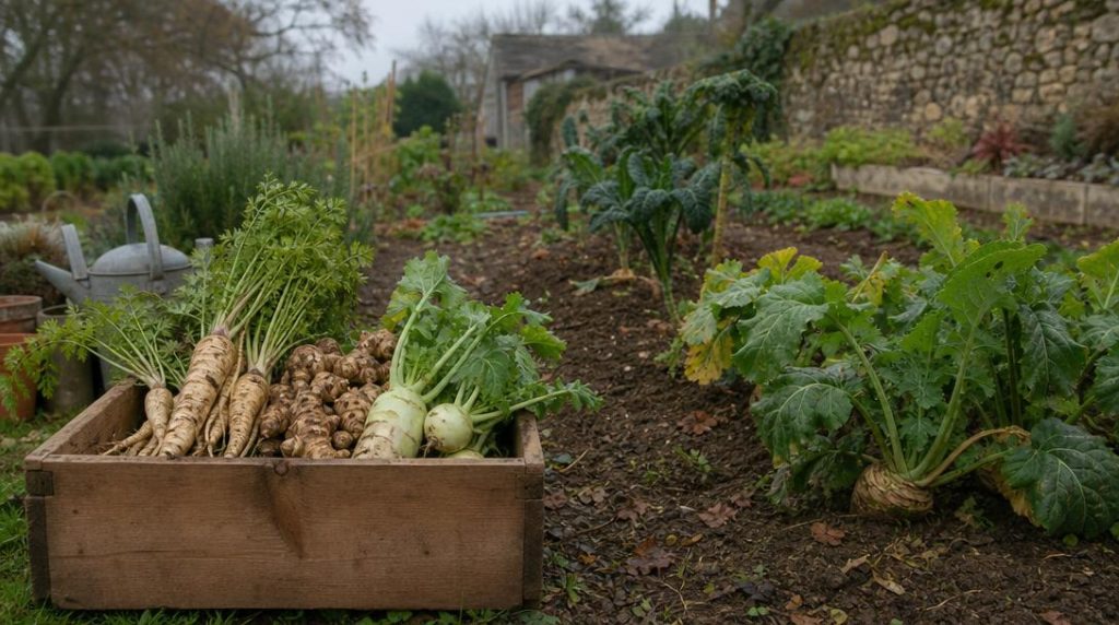 Récolte de légumes oubliés dans un potager d’hiver