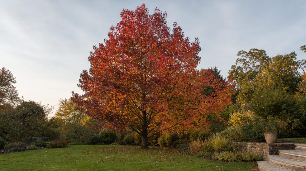 Liquidambar aux feuilles rouges dans un jardin d'automne