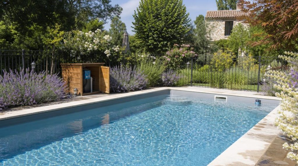 Piscine remplie avec barrière de sécurité dans un jardin