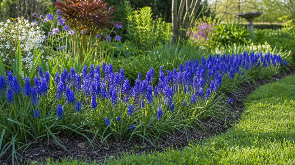 Grappes bleues de muscaris en bordure printanière