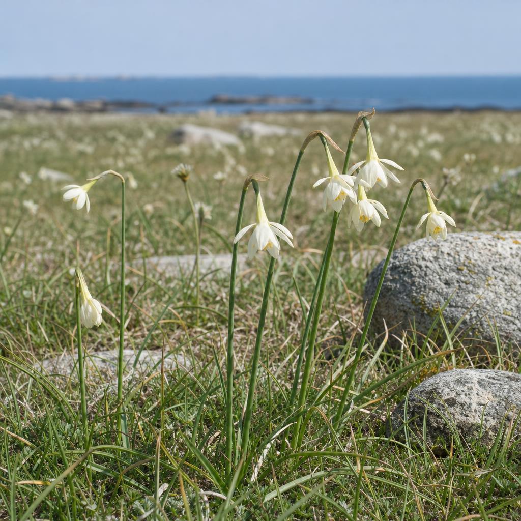 Narcisses pâles des Glénan dans une prairie insulaire