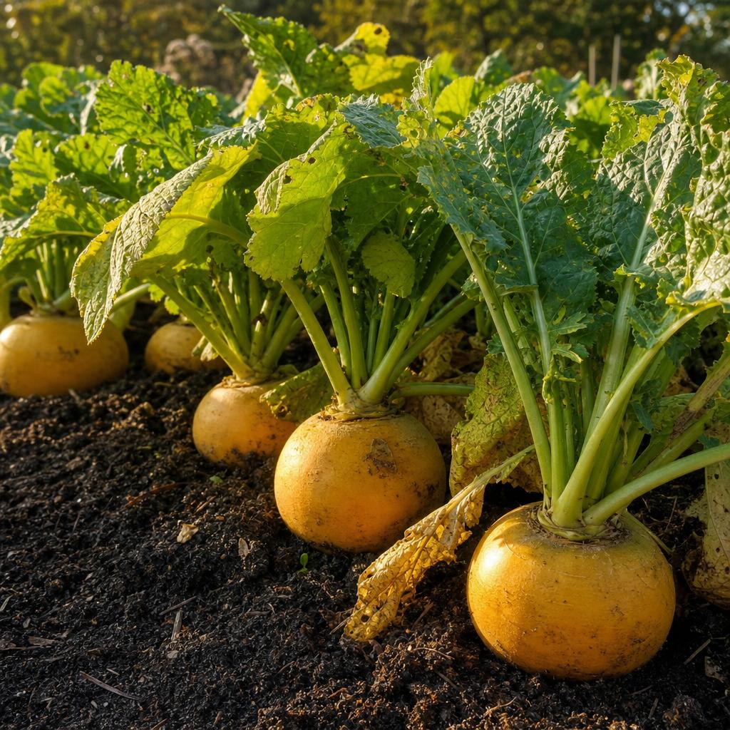 Navets boule d’or jaunes récoltés au potager