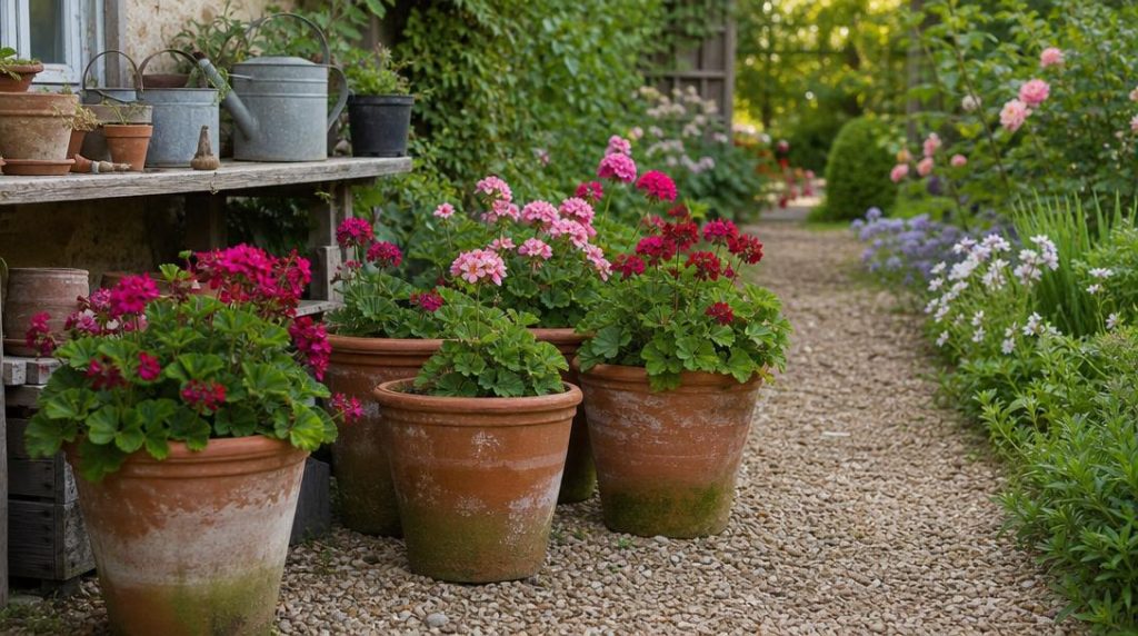 Pots en terre cuite tachés dans un jardin fleuri