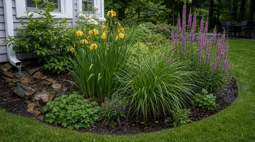 Noues fleuries recevant l’eau de pluie du jardin