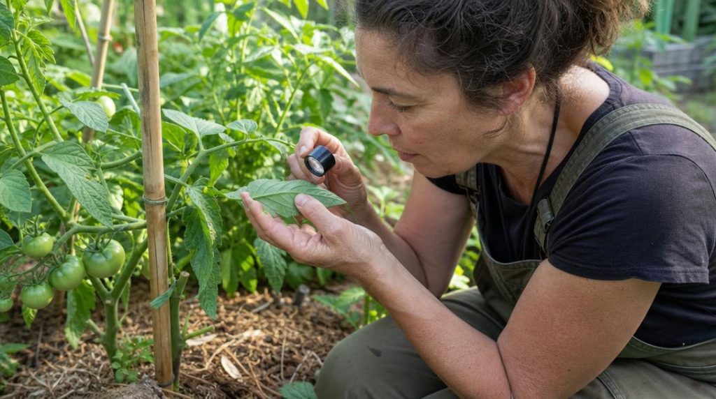 Jardinier examinant une feuille de tomate infestée