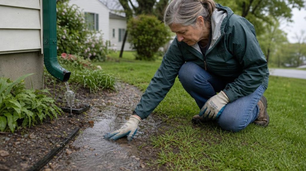 Jardinier observant une flaque sur une pente de jardin