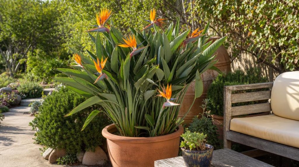 Oiseau du paradis fleuri dans un pot de terrasse
