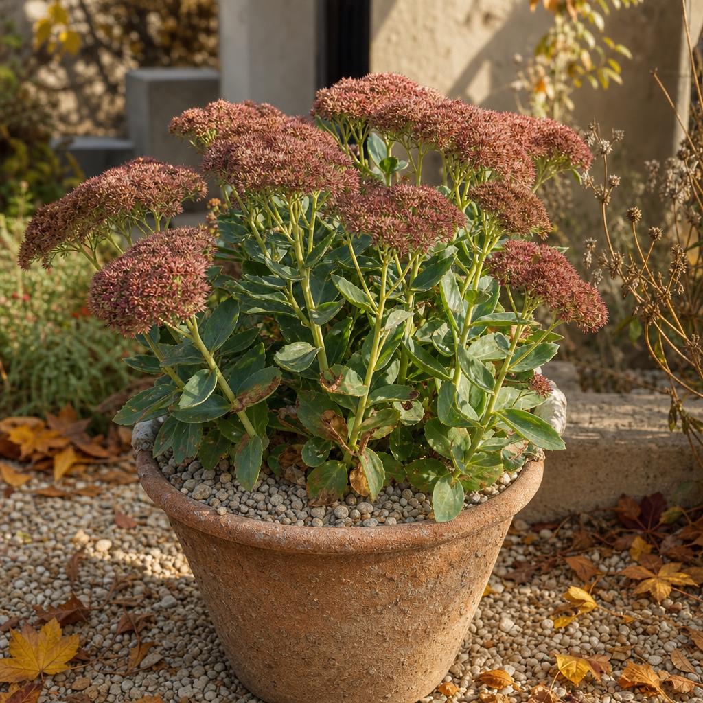 Orpin d'automne cuivré dans un pot de terrasse