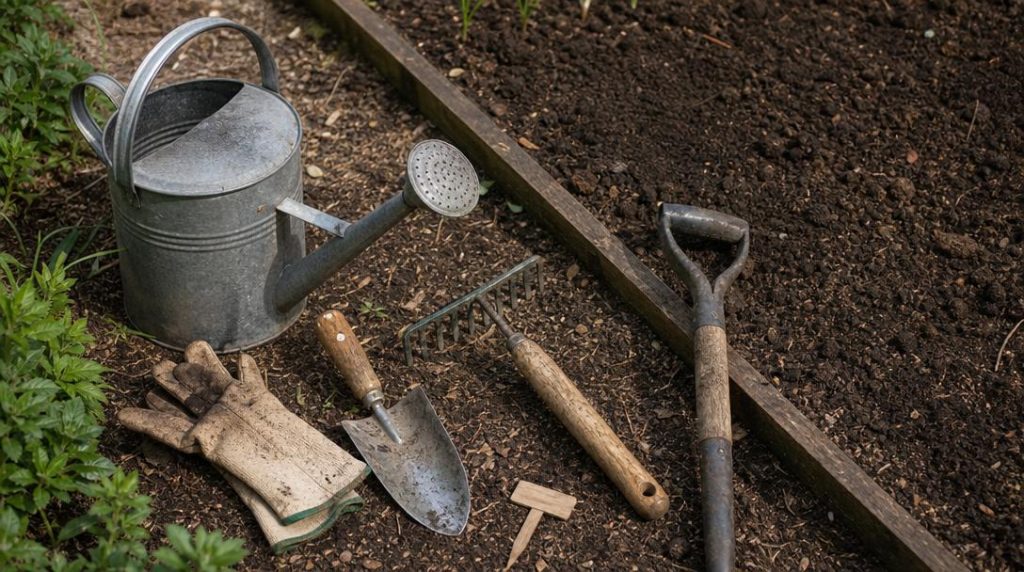 Arrosoir transplantoir râteau fourche et gants au potager